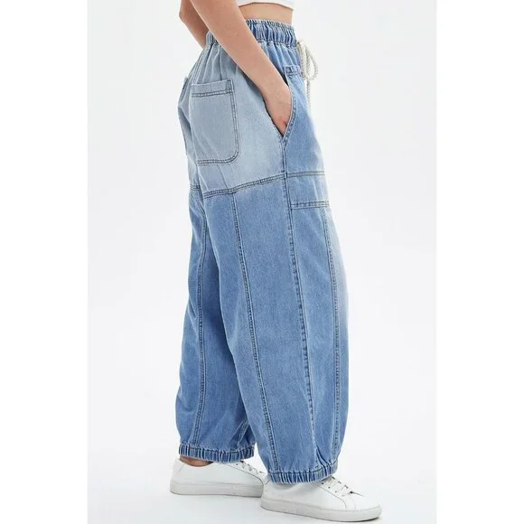 Women Loose Fit Cotton Denim Jeans Casual Wide Leg Drawstring Pants